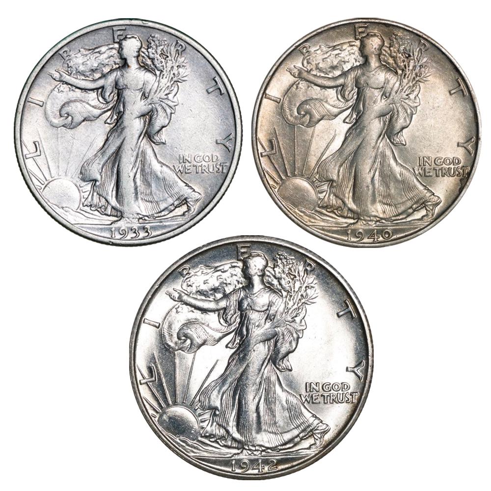 1933, 1940, and 1942 Liberty Walking Half Dollars (3 pieces) (1 of 2)