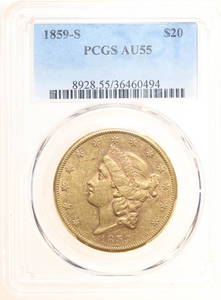 1859-S $20 Gold Liberty PCGS AU-55 Key Date