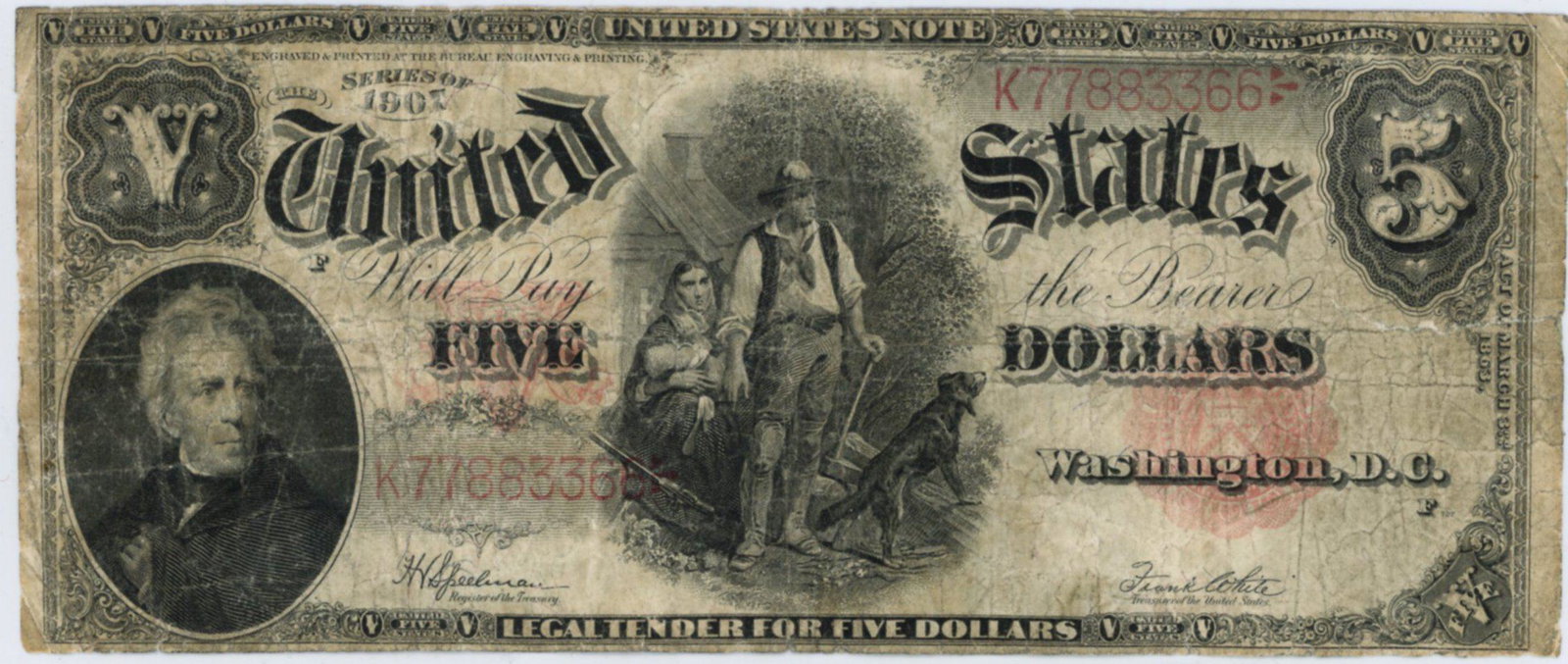U.S. 1907 $5 Legal Tender Note "Wood Chopper" (1 of 2)