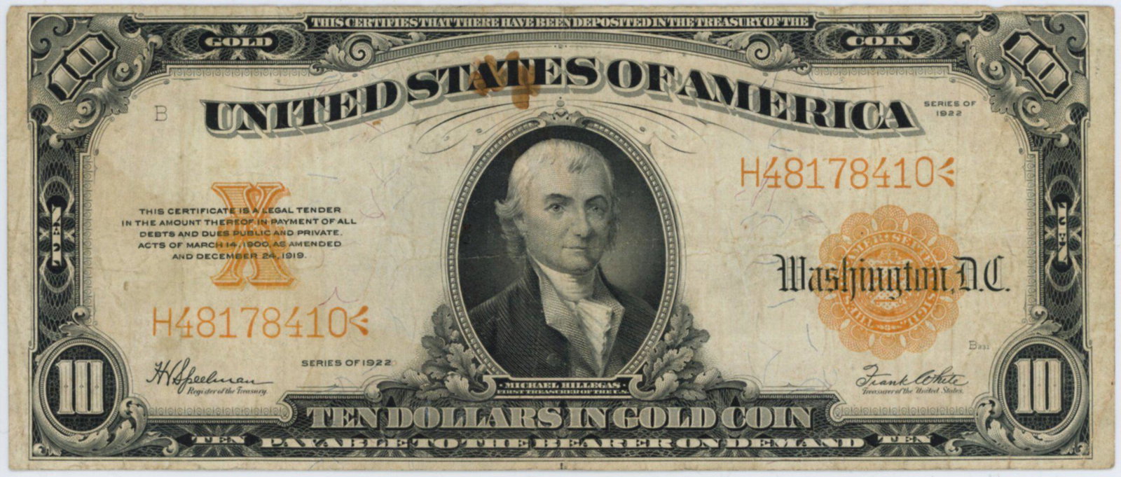 U.S. 1922 $10 Gold Certificate (1 of 2)