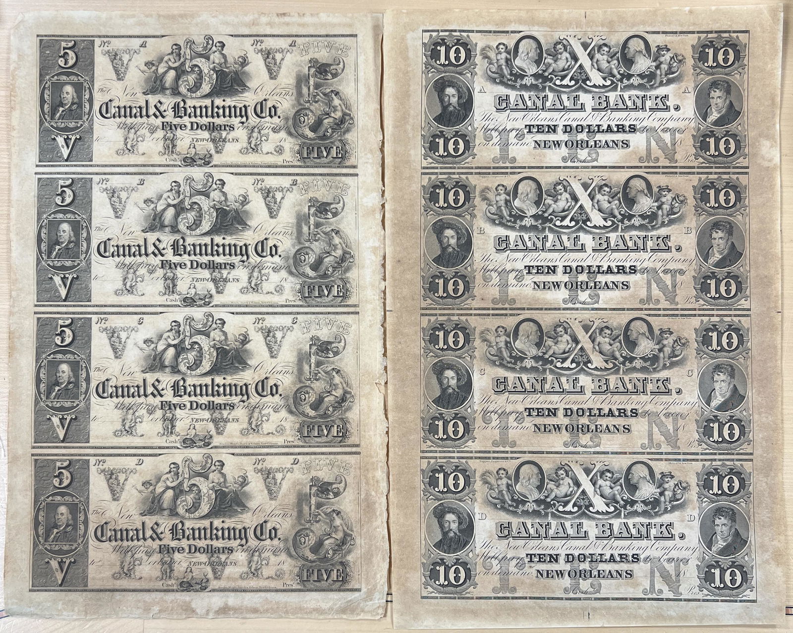 New Orleans Canal & Banking Co. $5 and $10 Sheets of 4 (1 of 4)