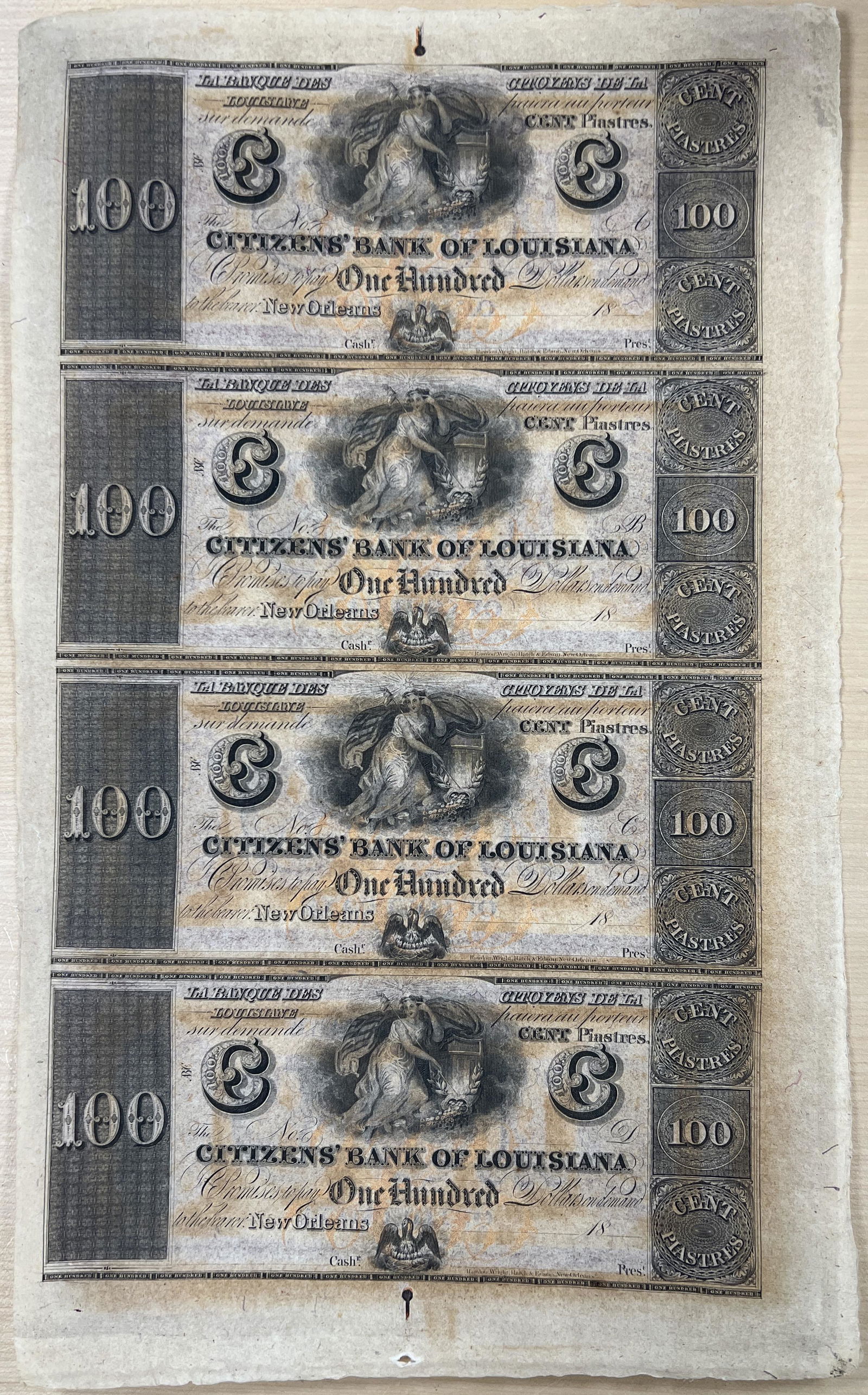 Citizen's Bank of Louisiana $100 Sheet of 4 (1 of 2)