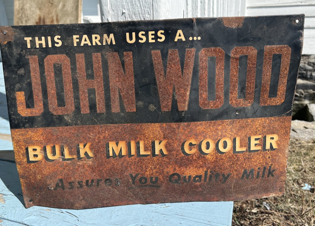 Farm Advertising Sign - This Farm Uses A John Wood Bulk Milk Cooler: Farm Advertising Sign - This Farm Uses A John Wood Bulk Milk Cooler - 11.5 by 17.5 inches. Please note this is a timed online only auction and each individual lot will be facilitated thru Live Auction