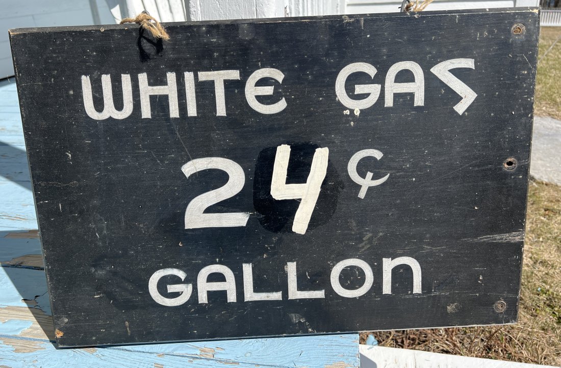 Gasoline Station White Gas 24c. Gallon Folk Art Antique Advertising Sign: Gasoline Station White Gas 24c. Gallon Folk Art Antique Advertising Sign. Autombilia Petroliana Folk Art Sign - Double sided and heavy wood sign 16 by 24 inches. Please note this is a timed online onl