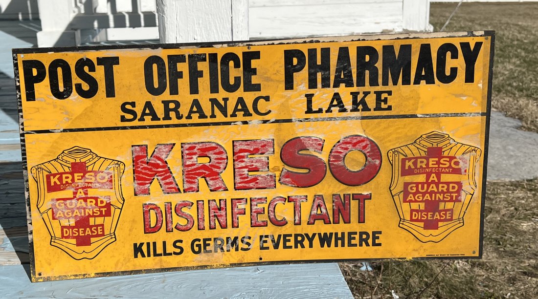Pharmacy Post Office Saranac Lake Kreso Disinfectant General Store Advertising Tin Trade Sign (1 of 9)