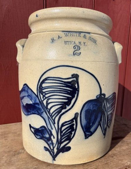 Blue Decorated Stoneware Crock by Whites of Utica  - 2 Gallon  w/ Beautiful Orchid (1 of 13)
