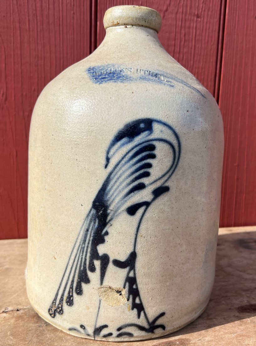 Blue Decorated Stoneware Jug w/ Folk Art Peacock by Whites Utica NY (1 of 13)