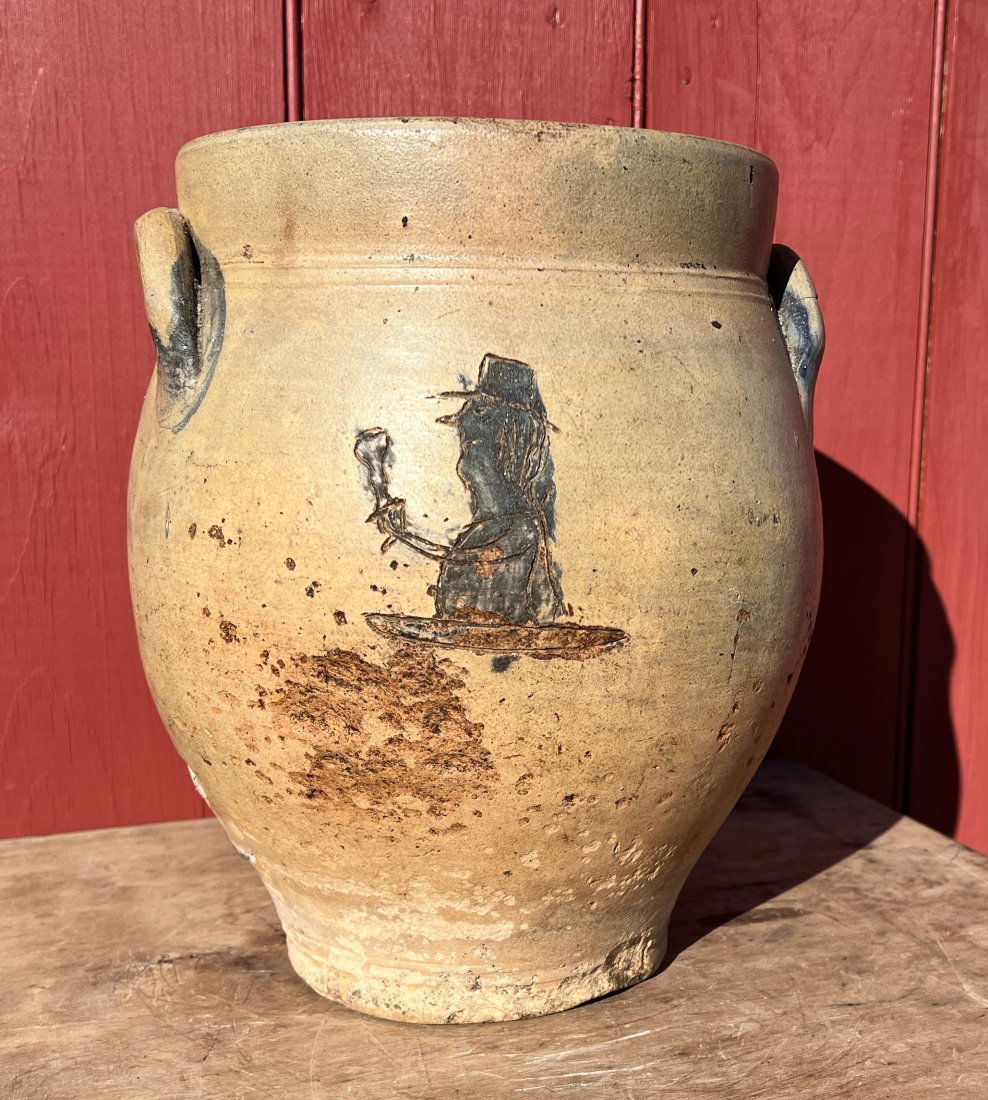 Unbelieveable Decapitated Devil Drunk's Temperance Incised Blue Decorated Stoneware Crock (1 of 19)