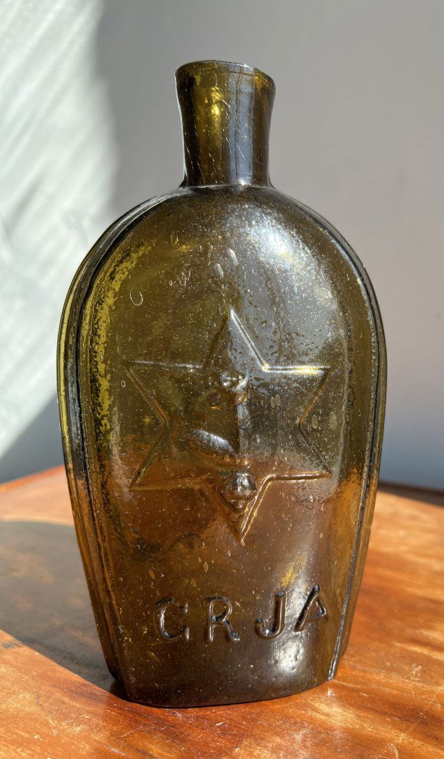 Rare Masonic Hall Eye Star Arm Historical Flask Glass Bottle C R J A - A D (1 of 20)