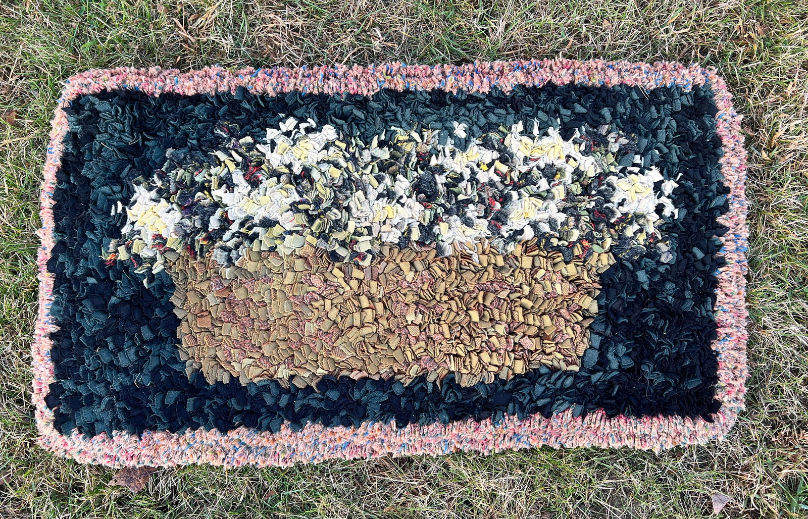 Folk Art Early Hooked Rug Basket of Flowers (1 of 14)