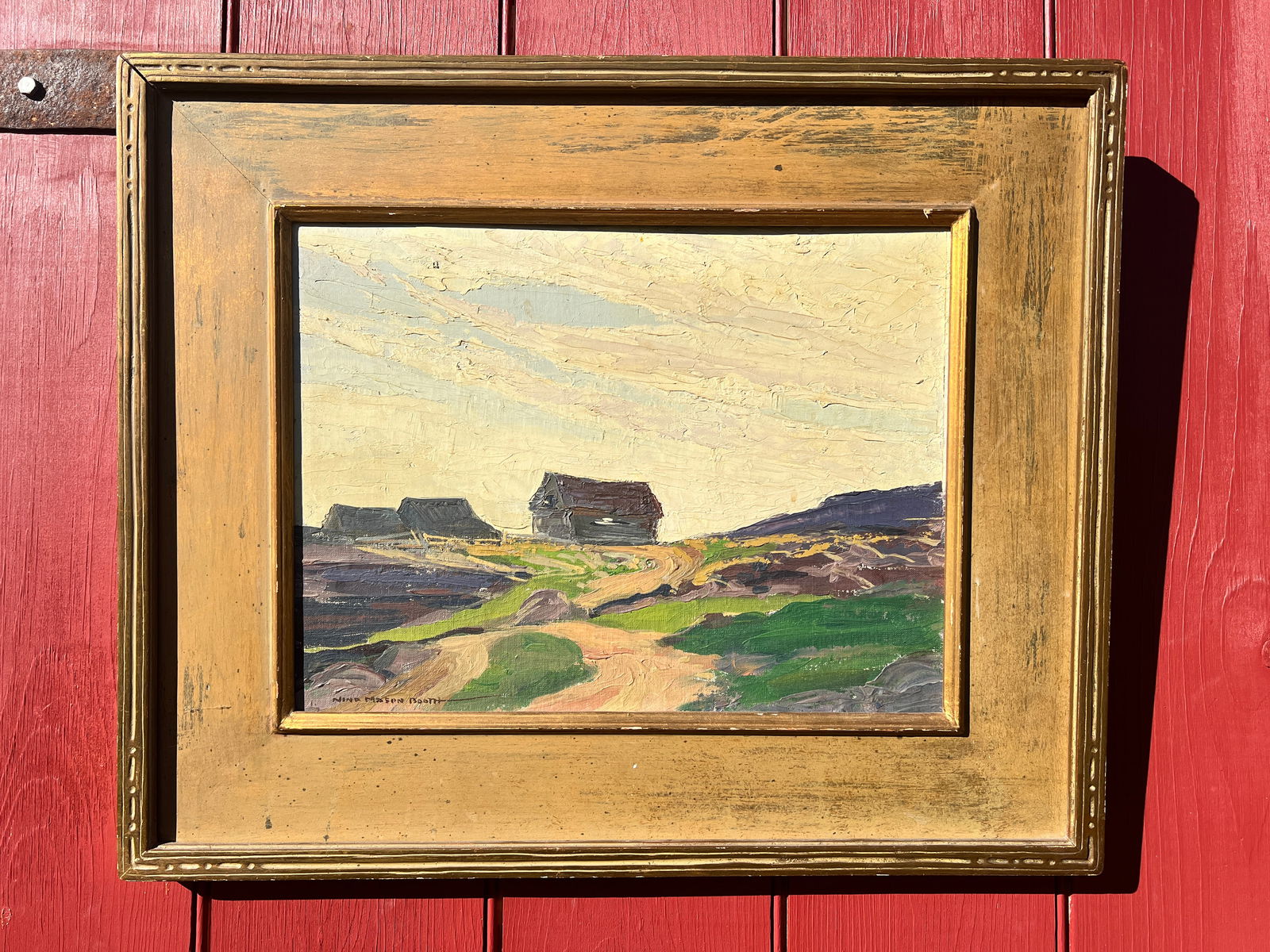 Newcomb Macklin Frame Signed Nina Mason Booth Oil Painting of Barn: Original oil painting in its orignal Newcomb Macklin arts and crafts frame. Nice untouched painting. Frame measures 23.5 by 19.25 and rabbit is 16 1/8th by 12 1/4 inches. Nice as shown shape. Oil on a