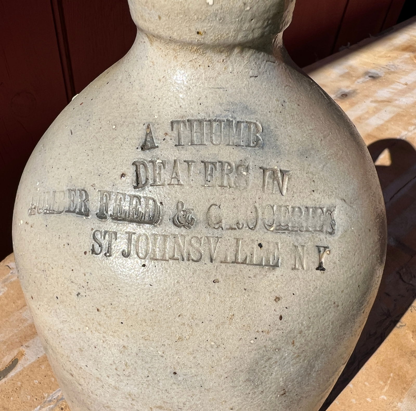 Johnsville NY Stoneware Advertising Merchant Jug Lumber Feed Groceries: Nice small advertising jug from Johnsville NY Store. Fresh estate find. 9.5 inches high. Good as shown shape w tight hairline on handle as shown. WHAT'S TO LOVE - The advertising of Lumber.
