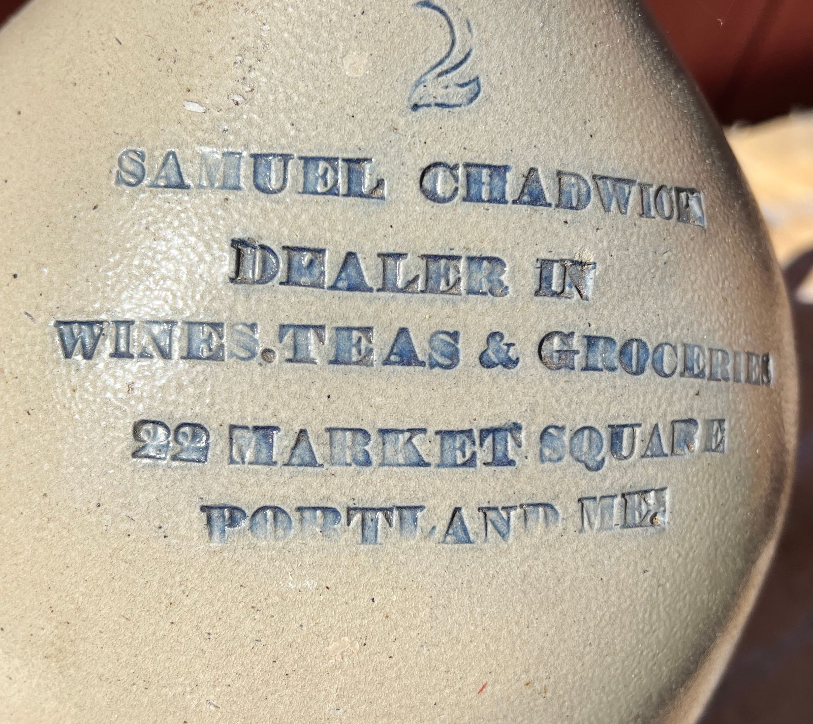Advertising Stoneware Portland Maine General Store Colbalt Blue Merchant Jug: Nice advertising jug from Samuel Chadwick Store and a Dealer at Market Square. WHAT'S TO LOVE - You could buy Wines, Teas and Groceries all in one place.