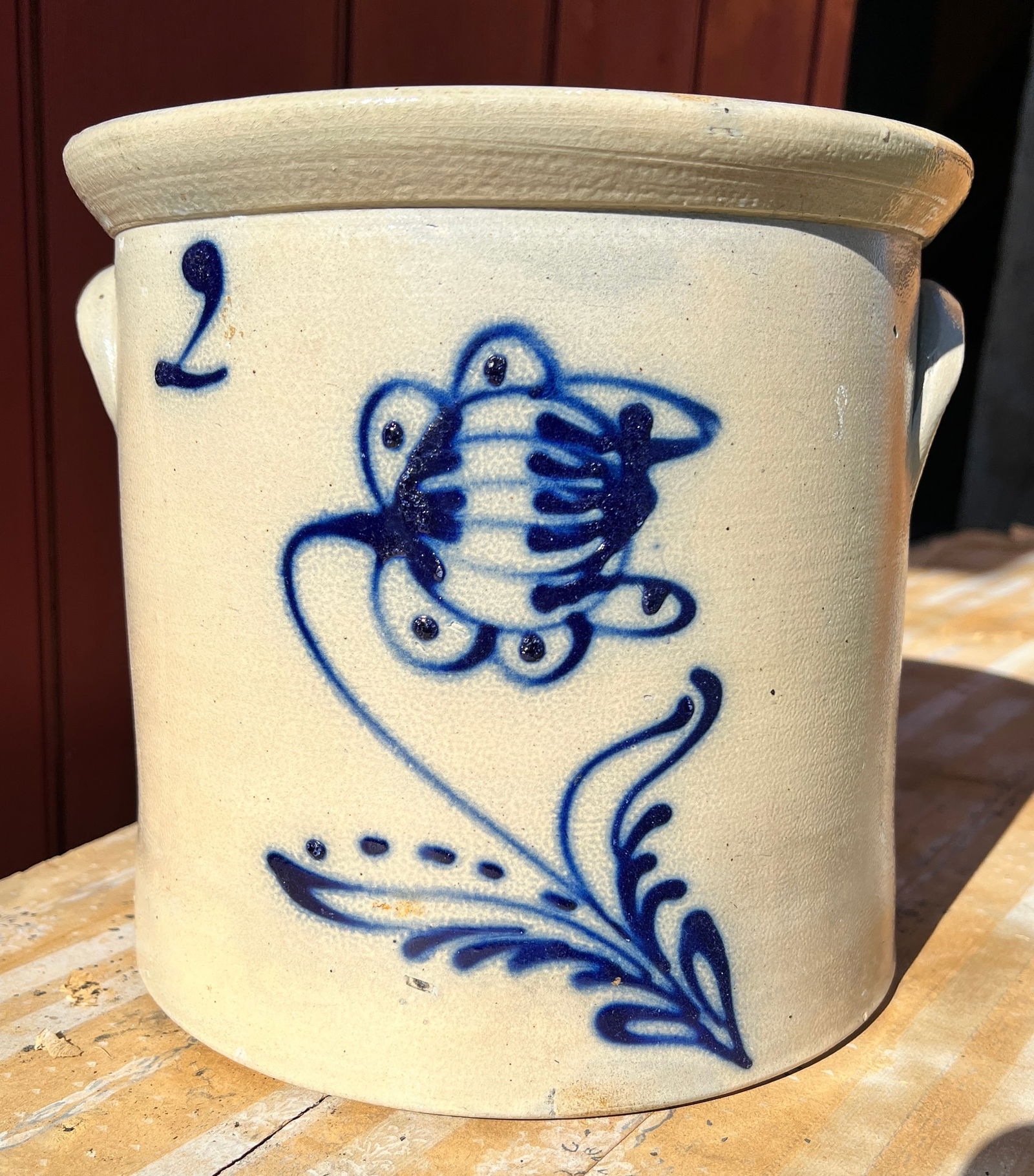 Blue Decorated Stoneware Crock w/ Nice Flower (1 of 7)