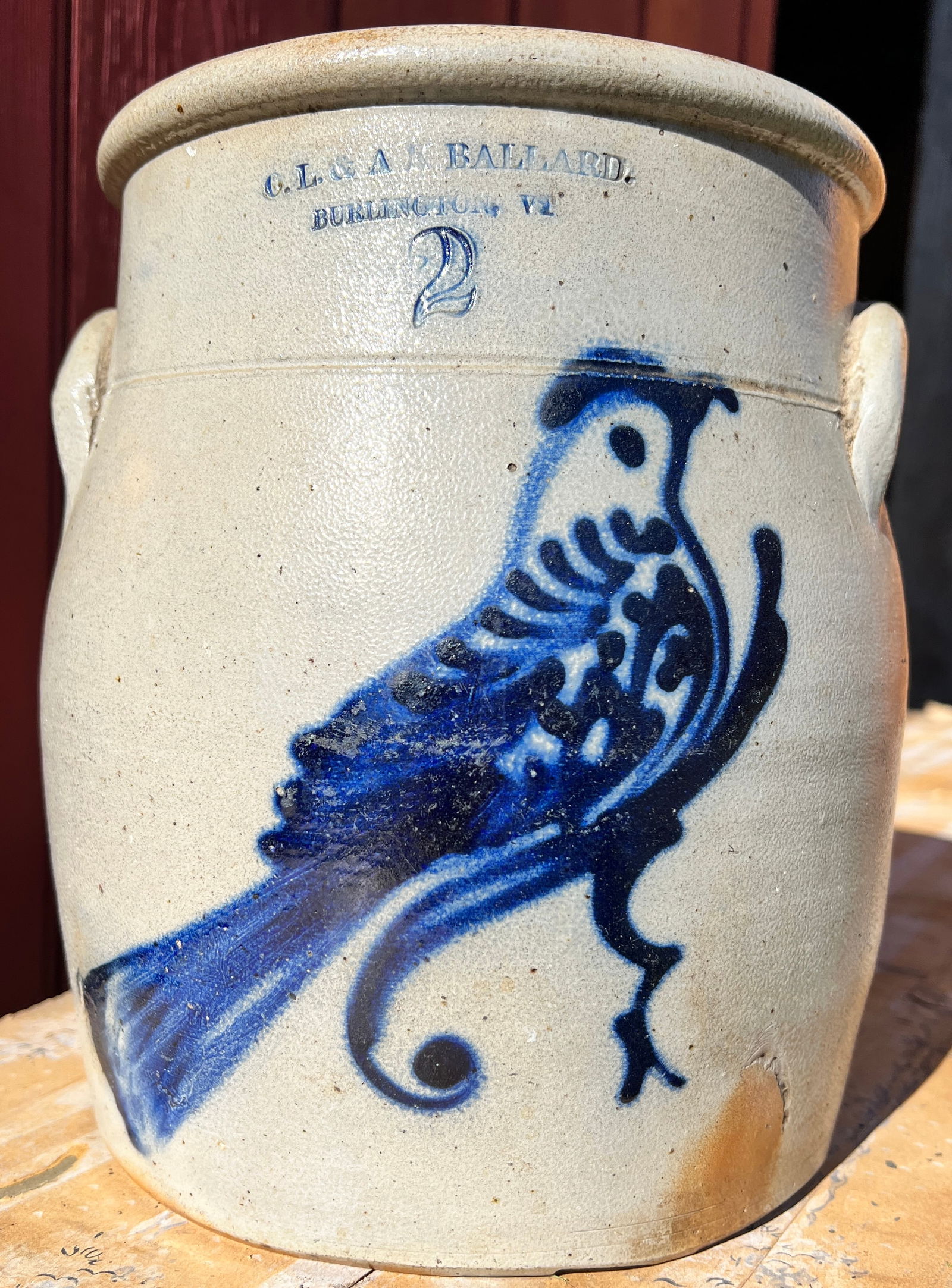 Blue Decorated Stoneware Bird Crock Burlington Vermont (1 of 10)