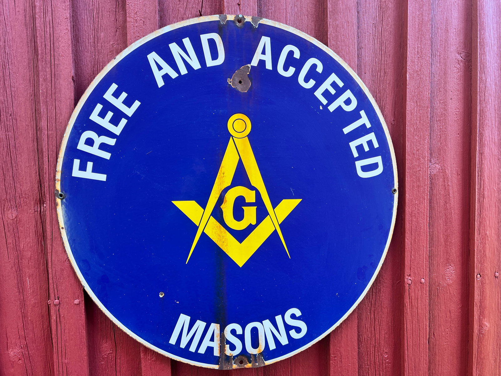 Porcelain Free & Accepted Masons Advertising Fraternal Sign: Bright Blue, white, and Yellow. 30 inches. Came out of Vermont this nice large period Porcelain Sign. Circa 1920s 30s. WHAT'S TO LOVE - Free and Accepted.