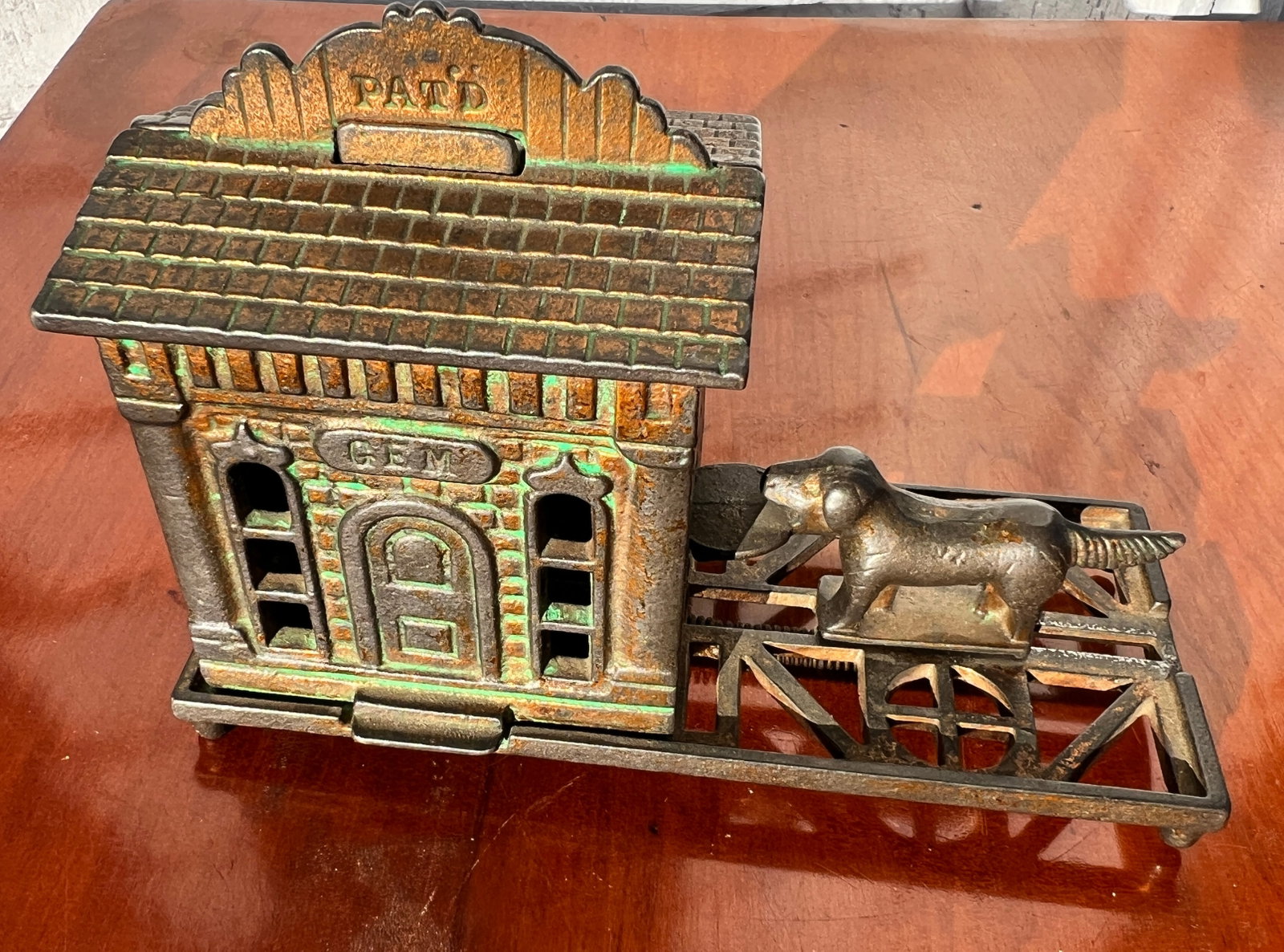 Pat'd 1880's Cast Iron Mechanical Dog Bank: Really nice original condition and paint. Made by the H. L. Judd Co. Wallingford, CT. What's to Love - Faithful Dog.