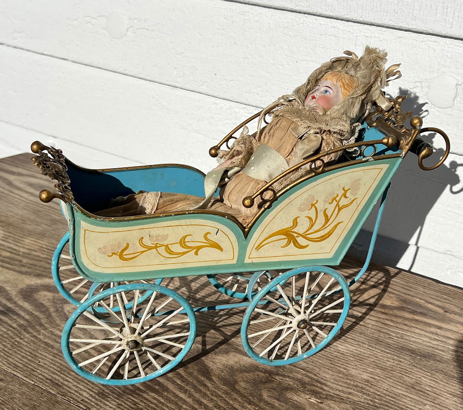 Antique Bisque Doll w/  Painted Carriage Toy (1 of 10)