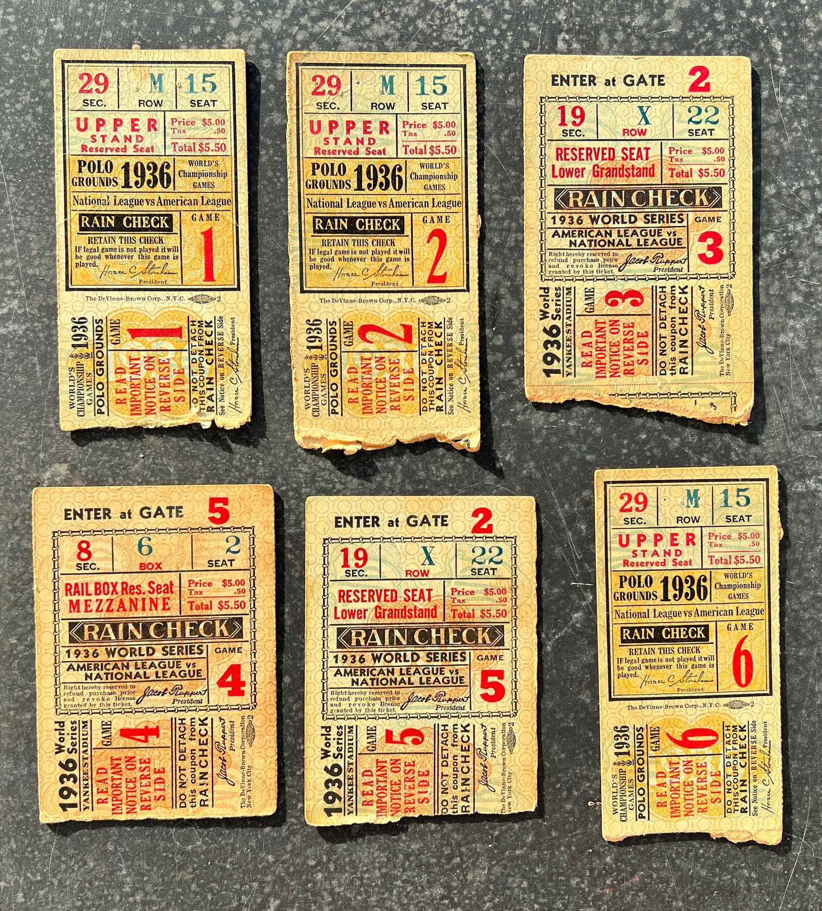 All 6 Baseball World Series 1936 Ticket Stubs New York Yankees vs Giants (1 of 15)