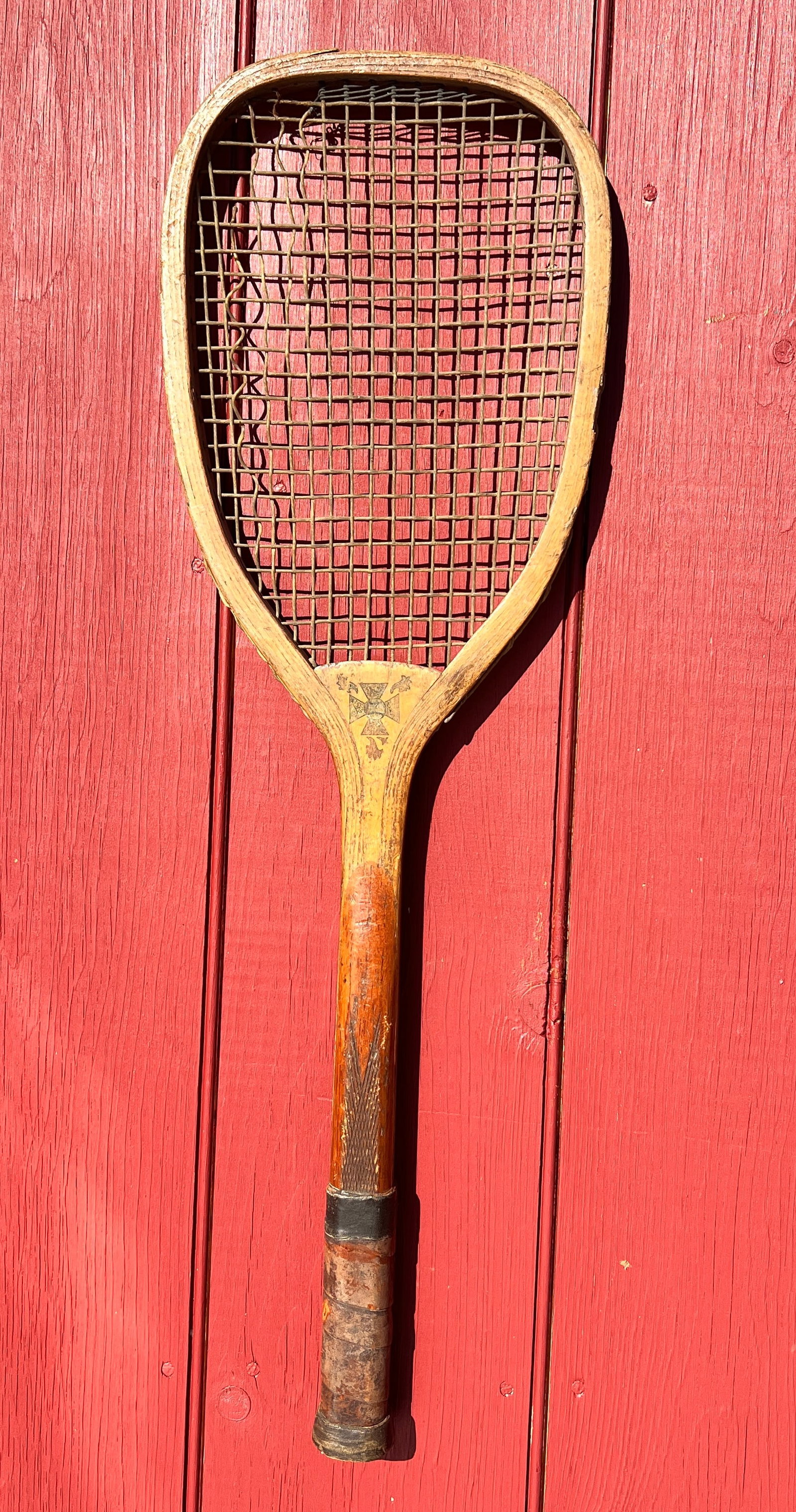 Antique Flat Top Tennis Raquet Racket: Nice example of a Circa 1890's Flat Top. Has a emblem of maker. What's to Love - The emblem.