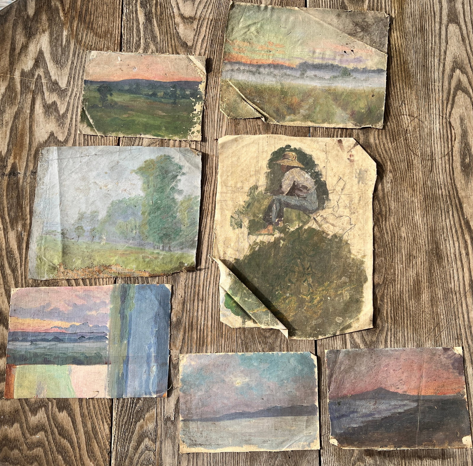 7 Charles Frederick Chamberlain Impressionist Oil Paintings: This is for all 7 small paintings estate stamped on back Charles Franklin Chamberlain 1871- 1947. Came out of an attic. As shown found shape w/ blemishes, losses, tears etc as shown. From 14 by 11 inc