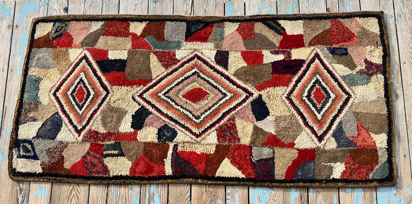 1870's Vermont Folk Art Abstract Hooked Rug Large (1 of 13)