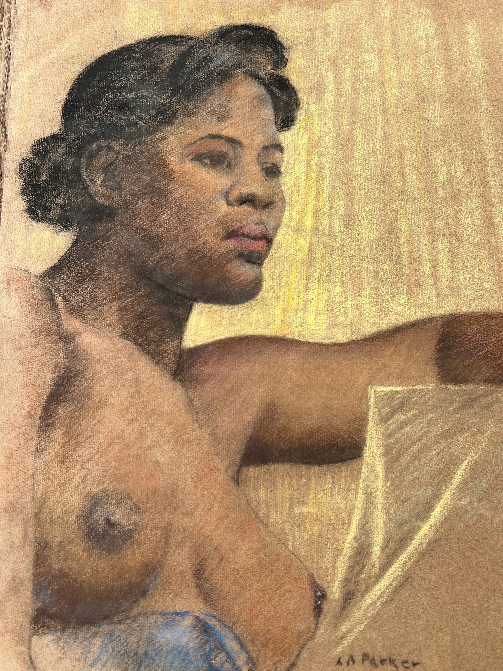1920's Painting of Black Nude Women Signed A. Parker: Not sure if the signature is A B Parker? But signed as shown. Approx 25 by 13 inches. Double sided pastel or colored charcoal. The book dealer I got it from thought is was from an arts and crafts colo