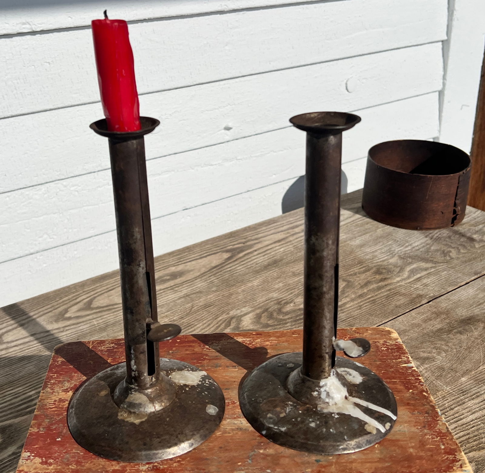 Country Folk Art Pair of Hogscraper Push Up Candlesticks Signed (1 of 7)