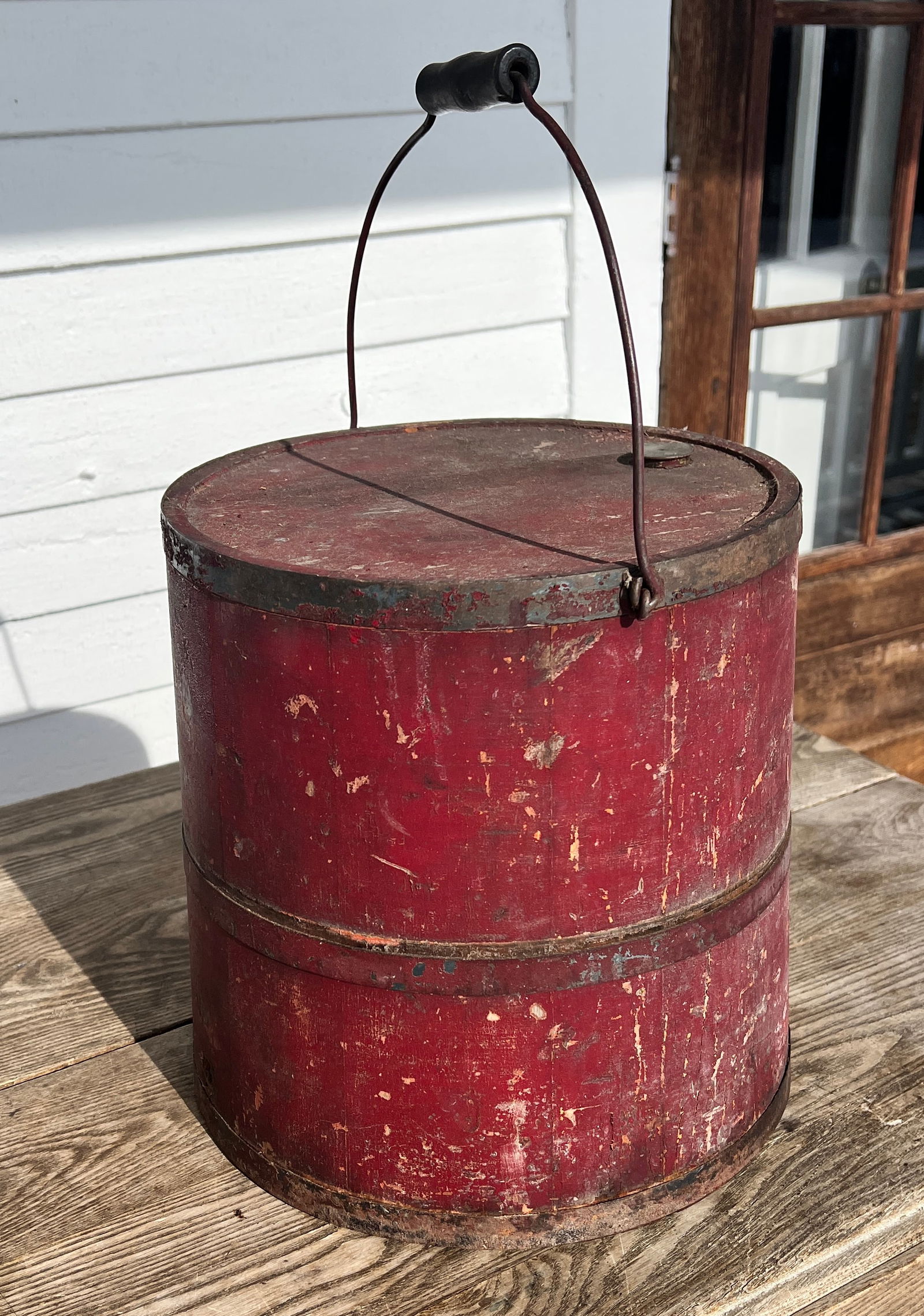 Folk Art Painted Bucket Pail Original  Red Paint (1 of 6)