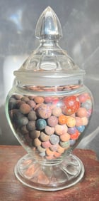 Glass Candy or Apothecary Jar Bottle  Full of Bennington Toy Clay Marbles