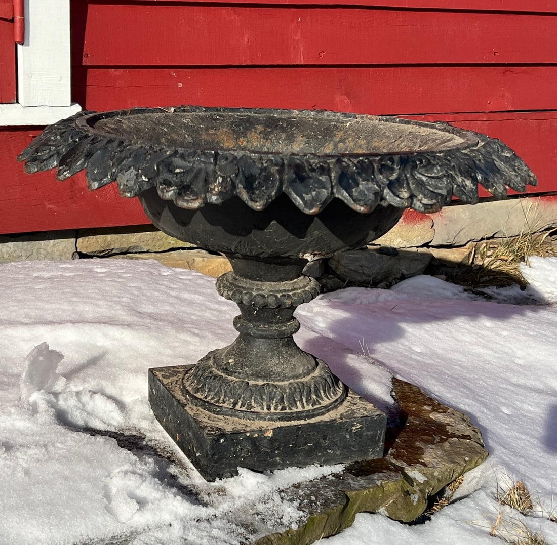 Victorian Cast Iron Garden Scuplture Black Urn: As shown nice old estate find urn. Good as shown original shape w/ wear marks, blemishes, dirty and small old worn hole as shown. 16 tall and 24.5 wide. What's to Love - The flared rim.