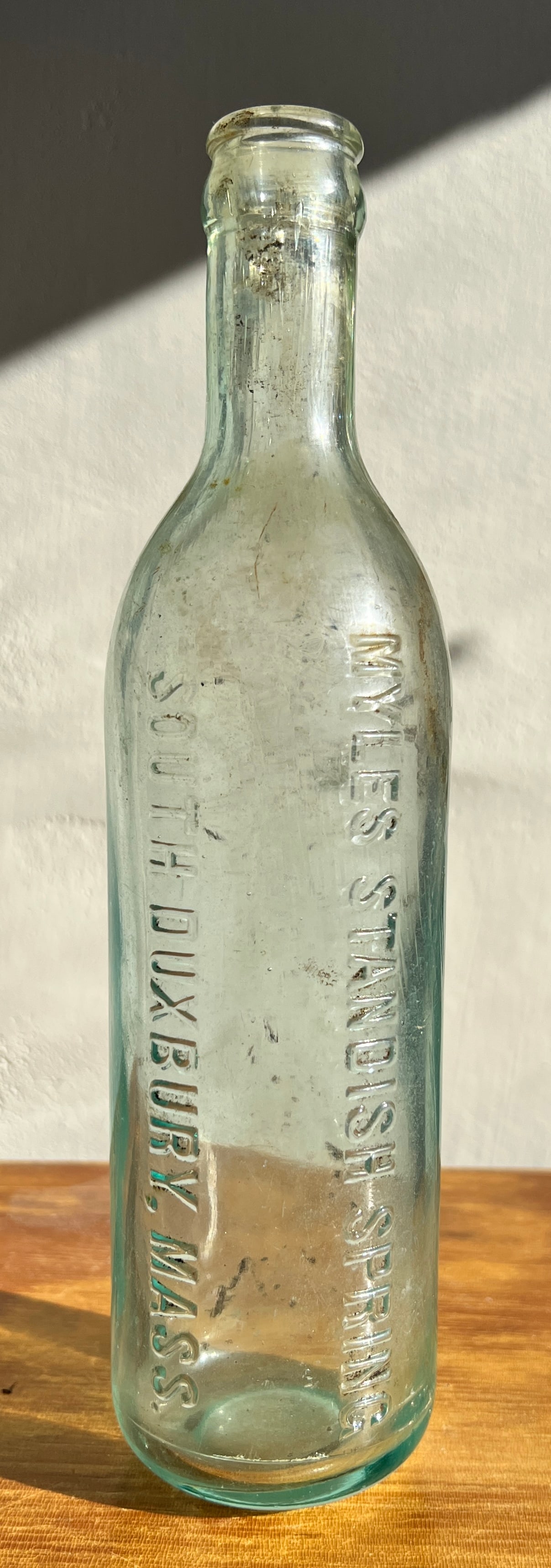 Myles Standish Spring Bottle West Duxbury Mass: Nice shape.I do know how important condition is for bottle people and it is important. I am not an experienced bottle person. To minimize any condition conflict I would be happy to send you a video if