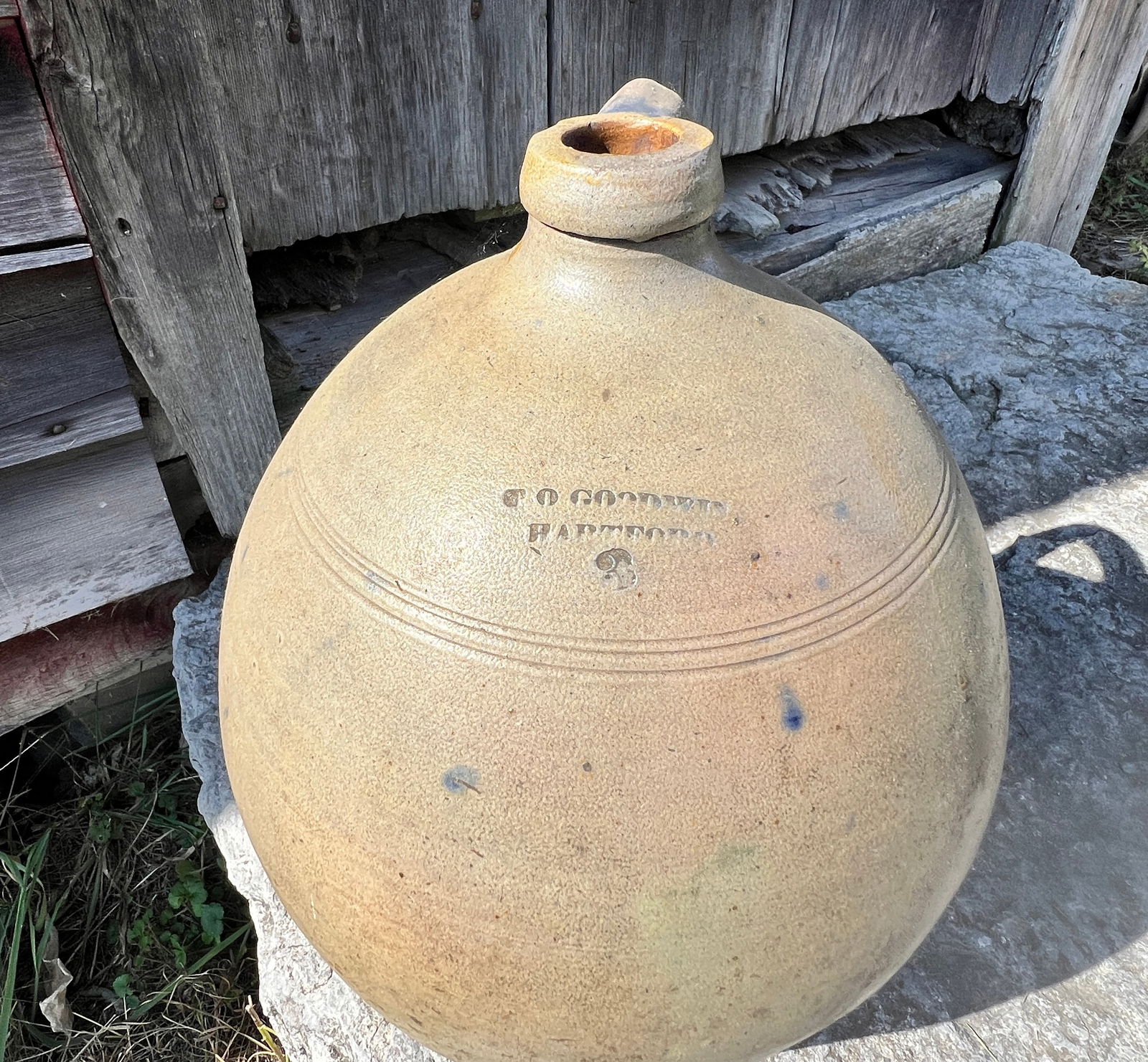 Early Blue Decorated Stoneware Large Ovoid Jug Goodwin Hartford Ct: 3 Gallon Jug with nice ovoid shape. Marked Goodwin, Hartford. Really nice shape w/ no repairs or restoration. Hairline in handle which is solid not loose and chip on spout What's to Love - Nice