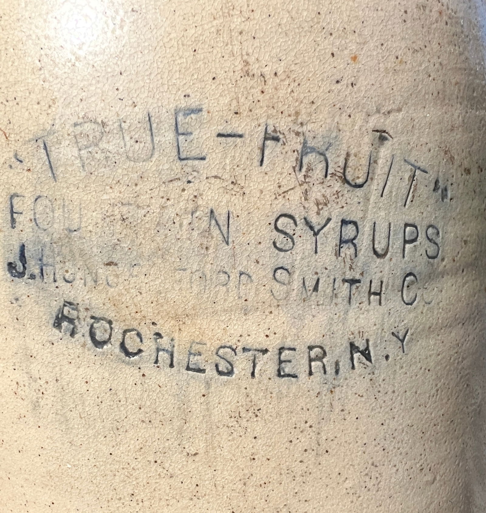Early Blue Decorated Stoneware Advertising Merchant Jug Rochester NY: True Fruit Fountain Syrups, Smith Co Rochester NY Jug. No repairs or restoration. What's to Love - Advertising Fountain Syrups.