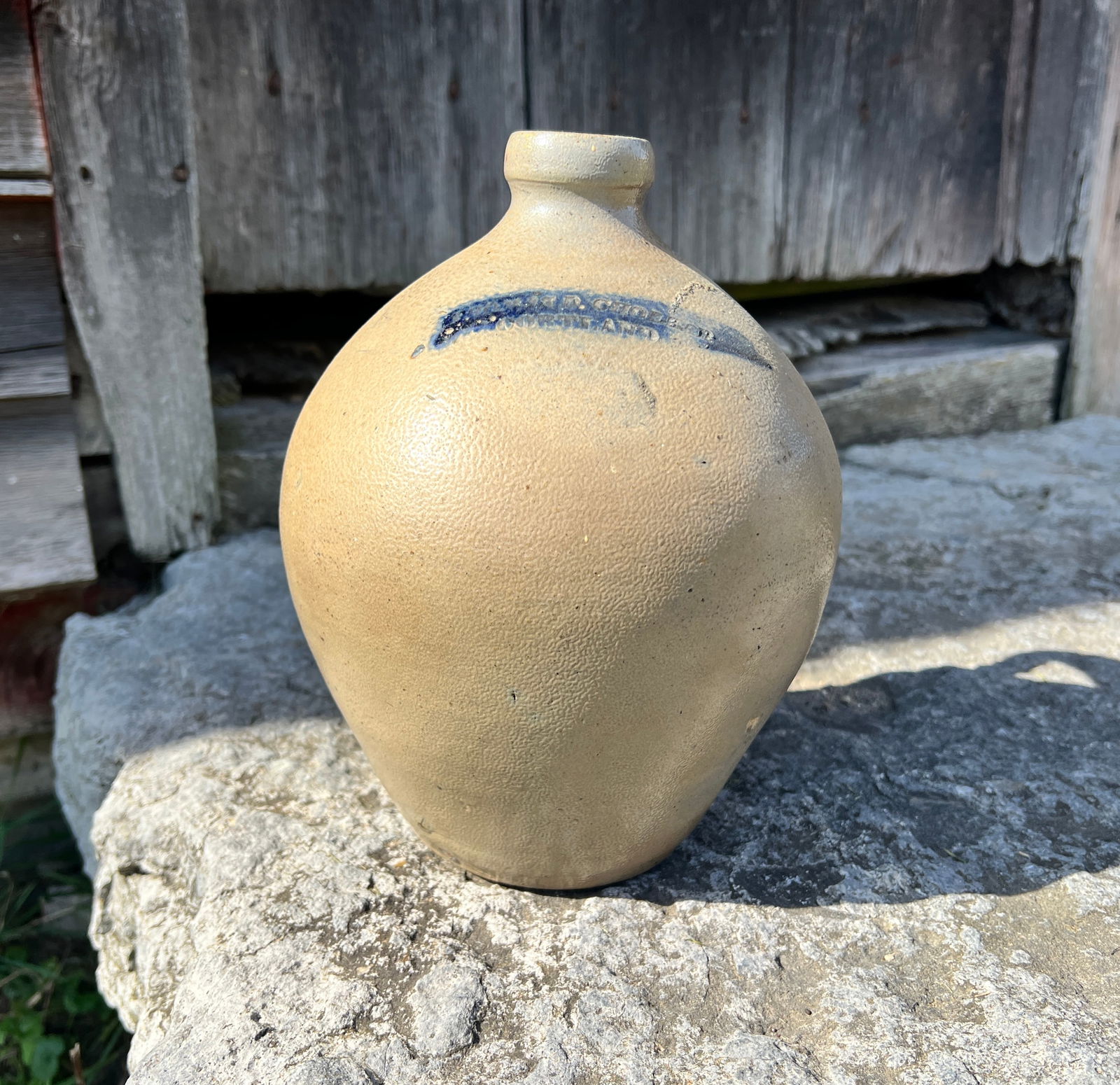 Early Blue Decorated Stoneware Ovoid Jug Cortland New York: Small most likely 1 gallon folk art jug - Cortland NY. No repairs or restoration. What's to Love - Cute little size.