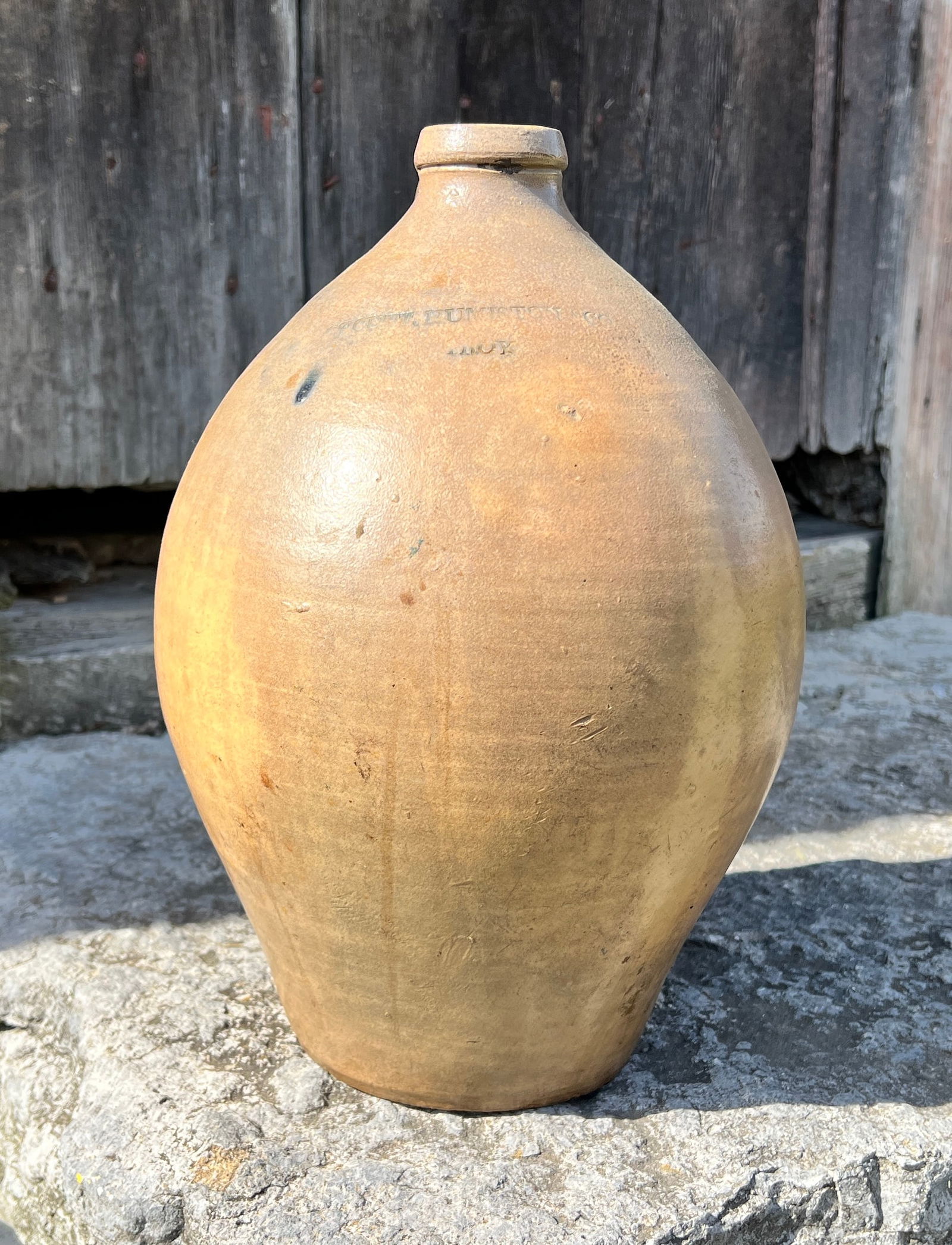 Early Blue Decorated Stoneware Ovoid Jug Opcutt Huminston Troy NY: Marked Opcutt Humiston Troy Co NY. No repairs or restoration. What's to Love - Tough Strike.