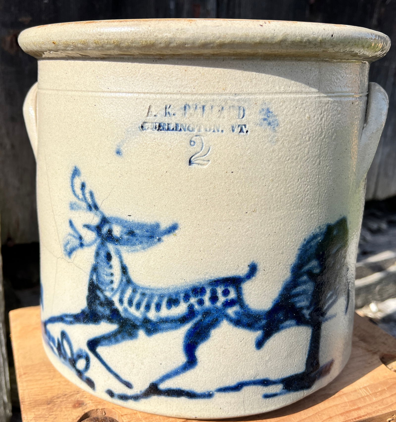 Rare Burlington Vermont Deer & Tree Crock Blue Decorated Stoneware: Scarce design on this 2 gallon A K Ballard Burlington Vermont Crock. Nice dark blue cobalt. What's to Love - Looks like an 8 point Buck.