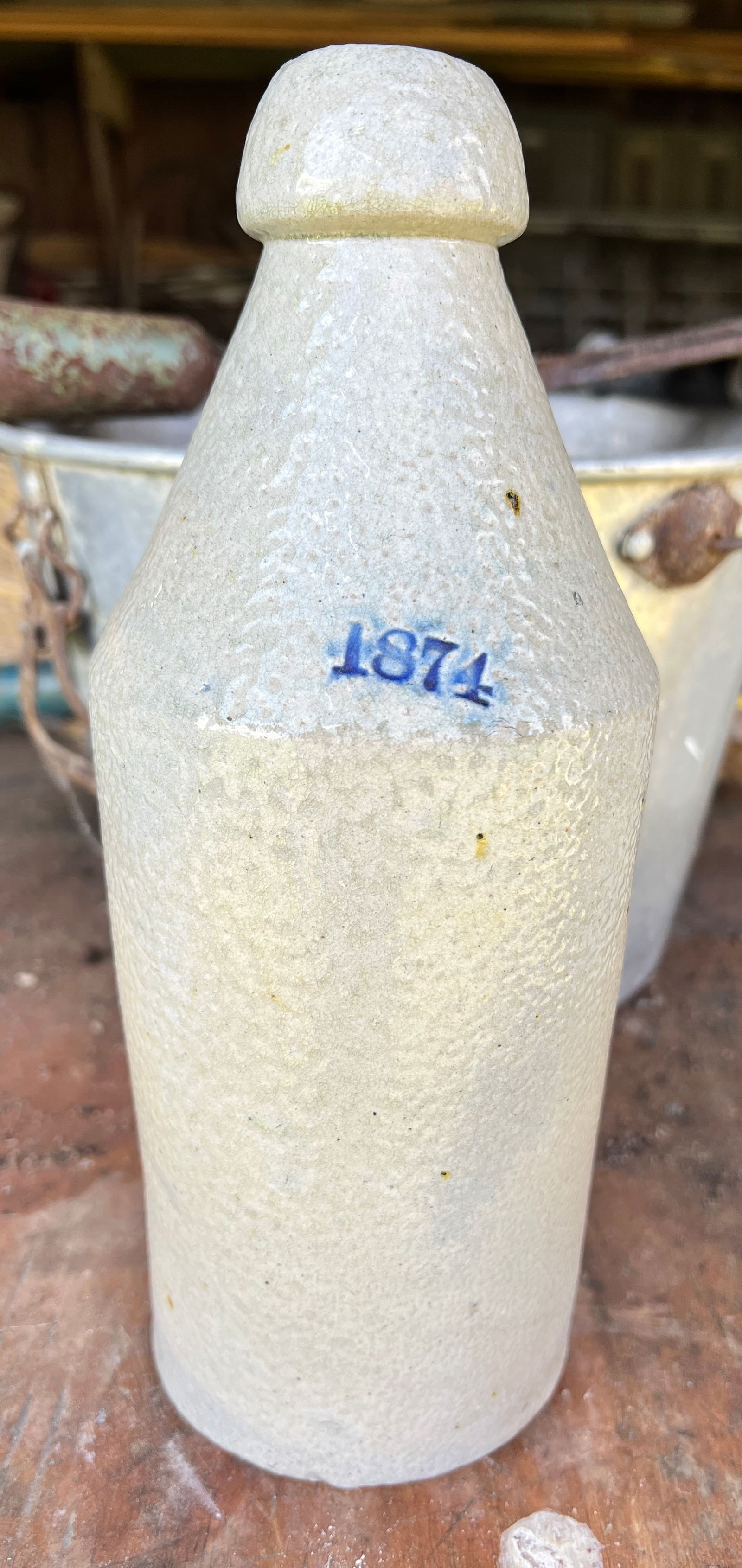 1874 Kelly Stoneware Bottle w Colbalt Blue: Nice Folk Art Stoneware Bottle dated 1874 and Kelly on other side.