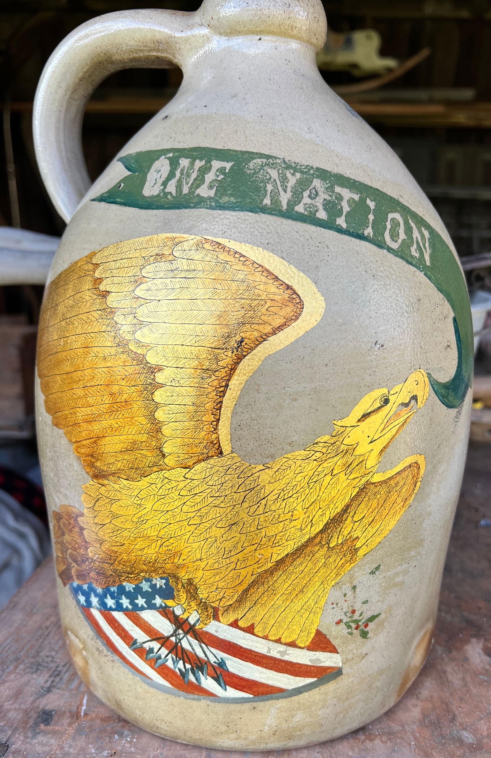 Folk Art Painted Stoneware Eagle Jug - One Nation: Great hand painted decoration w/ Eagle and Stars and Strips Shield. Most likely painted circa 1976 on 1860 jug. What's to Love - One Nation!!