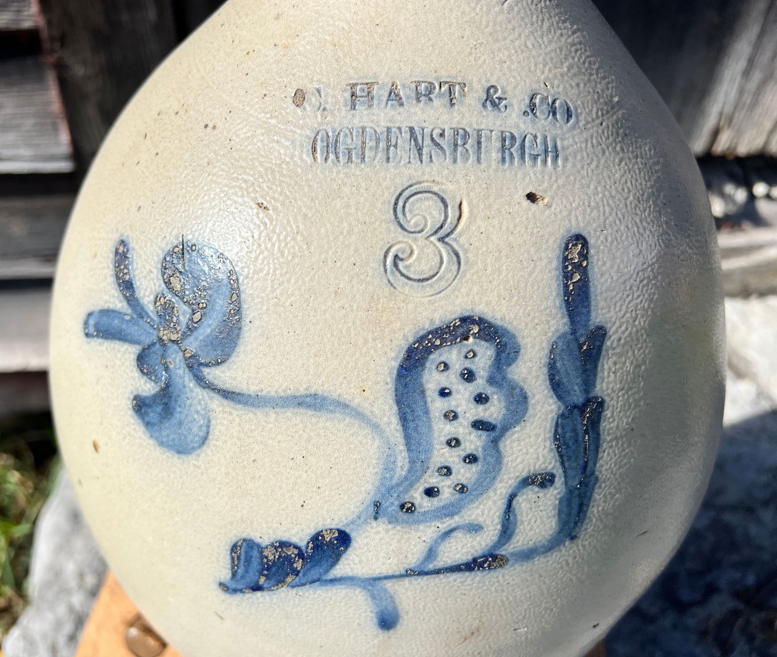 Ogdensburgh NY - C. Hart & Co. Blue Decorated Stoneware Jug: Nice 3 gallon folk art jug. What's to Love - From a family of Hart Brothers.