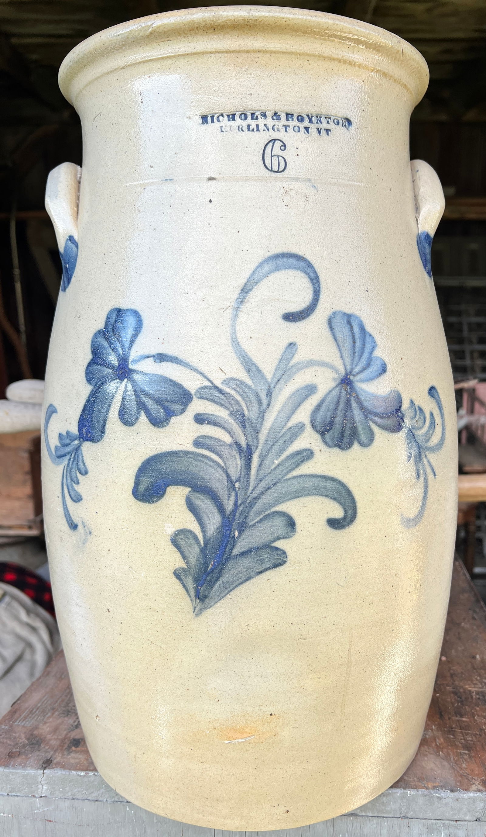 Burlington Vermont Butter Churn Crock Blue Decorated Stoneware - 12