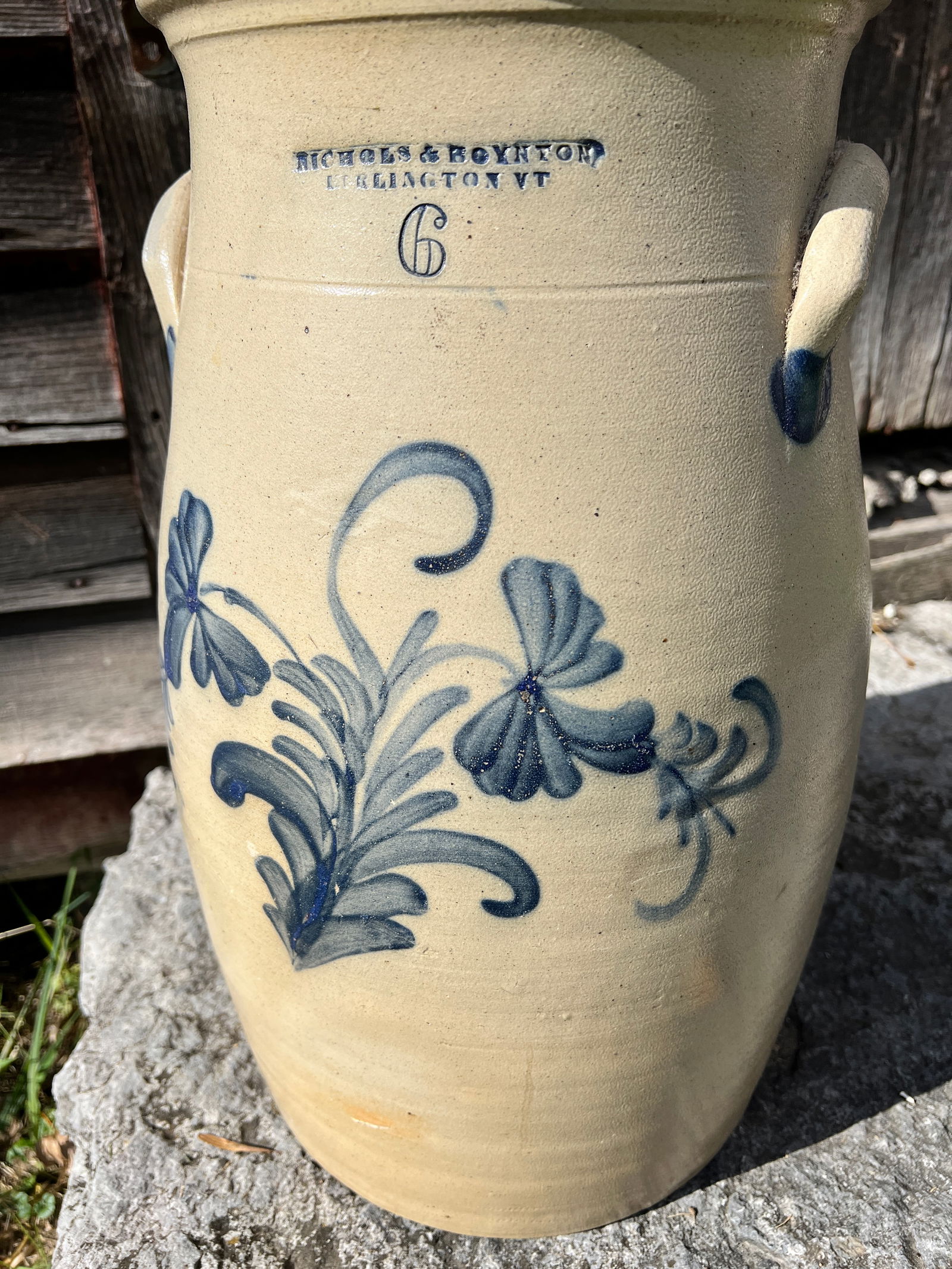 Burlington Vermont Butter Churn Crock Blue Decorated Stoneware - 2