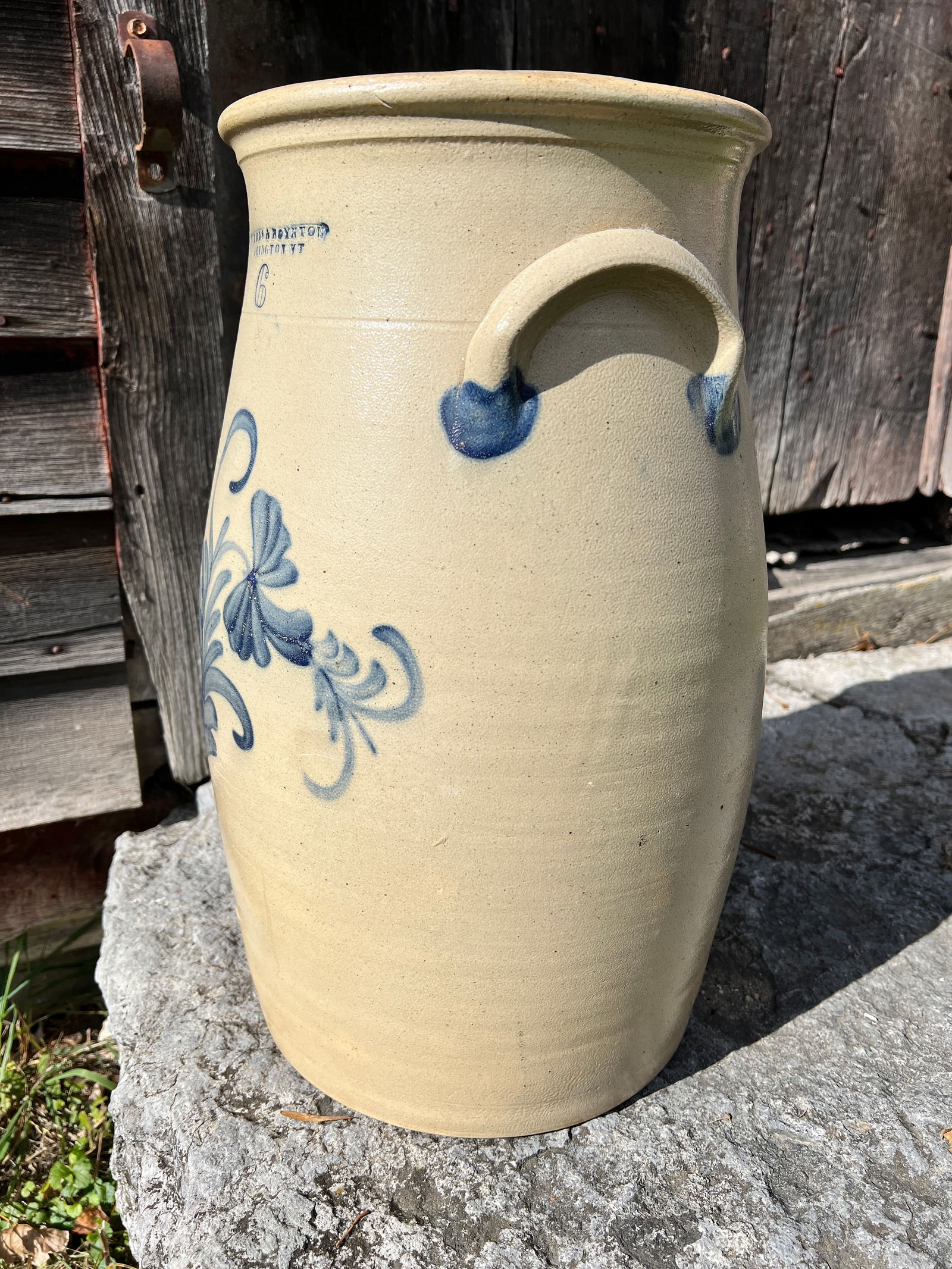 Burlington Vermont Butter Churn Crock Blue Decorated Stoneware - 3