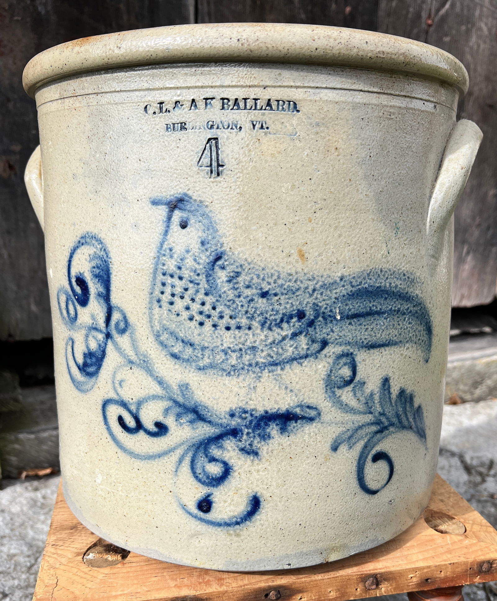 Burlington Vermont Blue Decorated Stoneware Bird Flower Crock: C L & A K Ballard Burlington Vermont 4 gallon folk art crock. No restoration or repairs. What's to Love - Nice big bird.