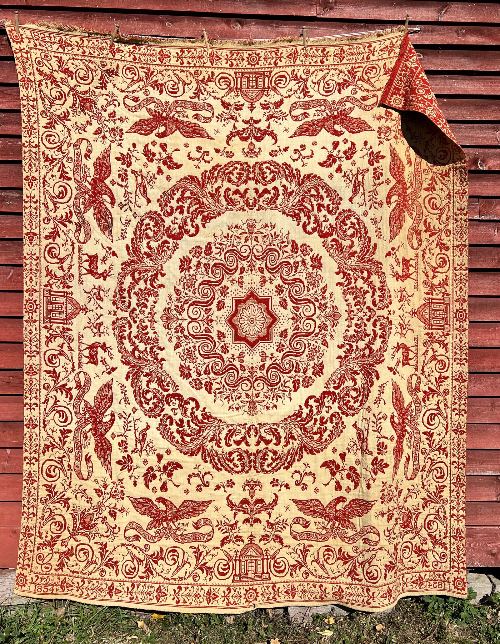 1854 Eagle & Deer American Antique Red Coverlet Quilt (1 of 14)