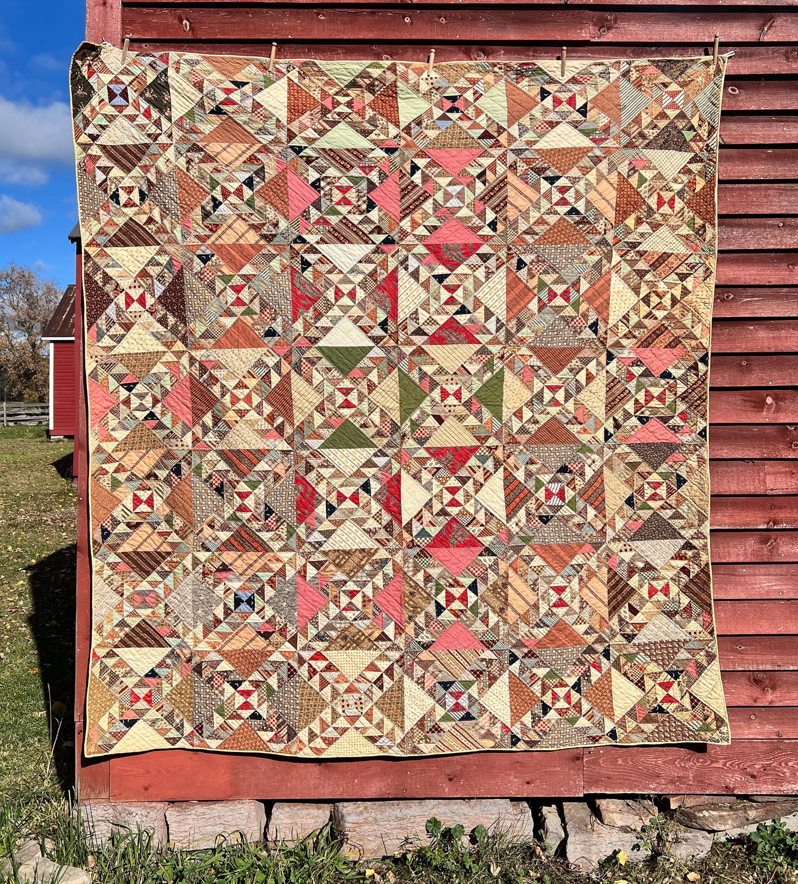 Beautiful Calico Early Farmhouse Quilt: Appox. 90 by 80 inches. Wonderful early quilt.What's to Love - The early feel and material.