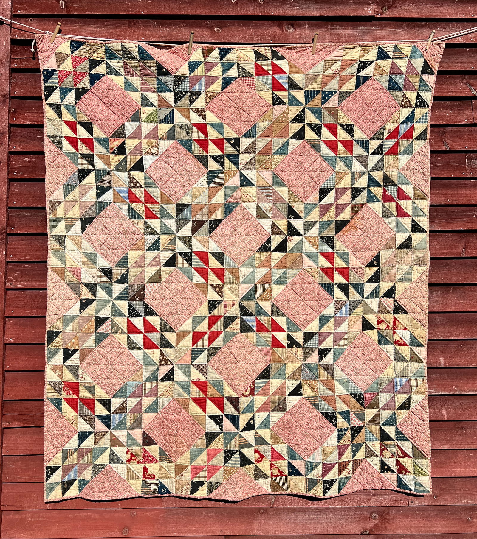 Diamond and Triangle Crazy Antique Quilt: Appox. 74 by 64 inches. Local estate find.What's to Love - All the triangles.