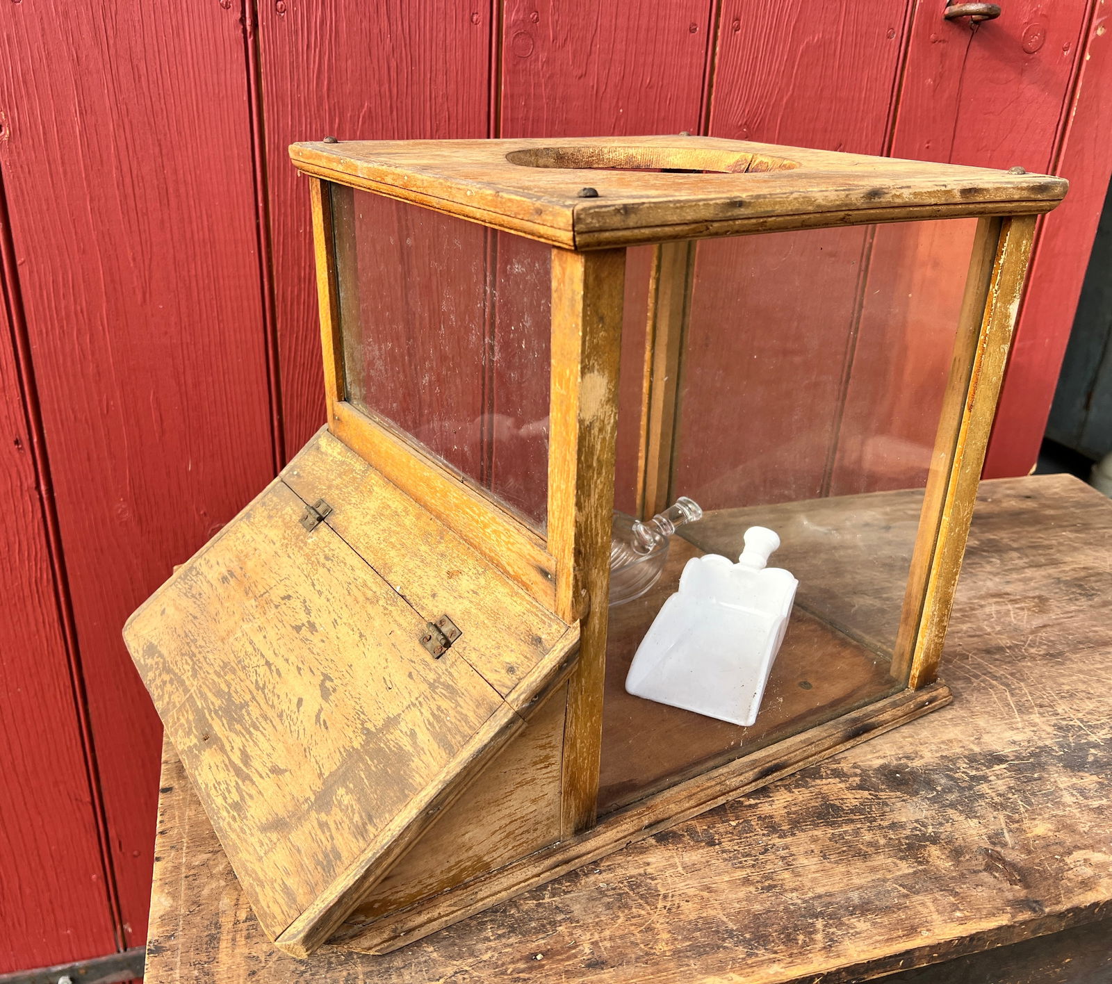 Country General Store Antique Candy Display Case Showcase Peanuts: Love the thought of grabbing candy or peanuts out of this very cool Country Store Showcase. Circa 1880s. Nice old patina finish. Missing round lid on top which could easily be made w/ tin or wood. Wha