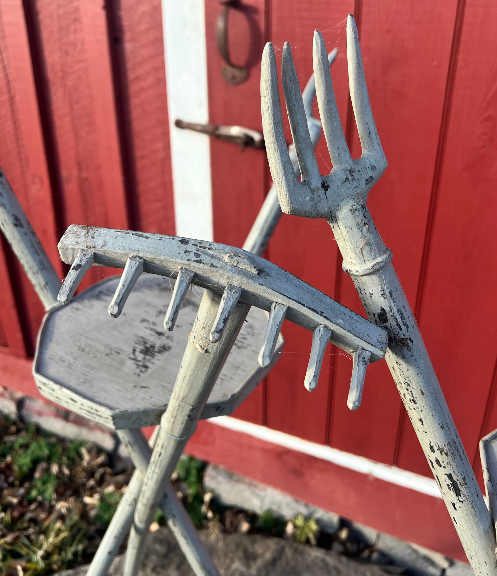 WOW Farmer's Grange Hall Rare Pair American Folk Art Figural Plant Stands: These plant stands are very unique and scarce. Carved tools at tops. Original paint. What's to Love - All the tools a farmer would use.