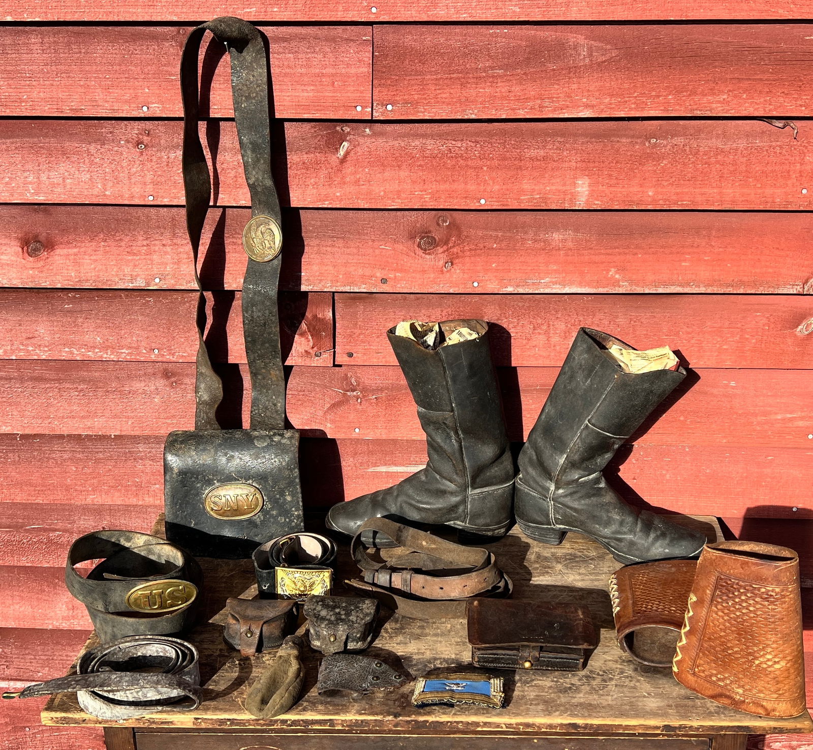 Civil War & Military Lot - Boots Belt Eagle NY Buckles Pouches Cartridge Box (1 of 18)